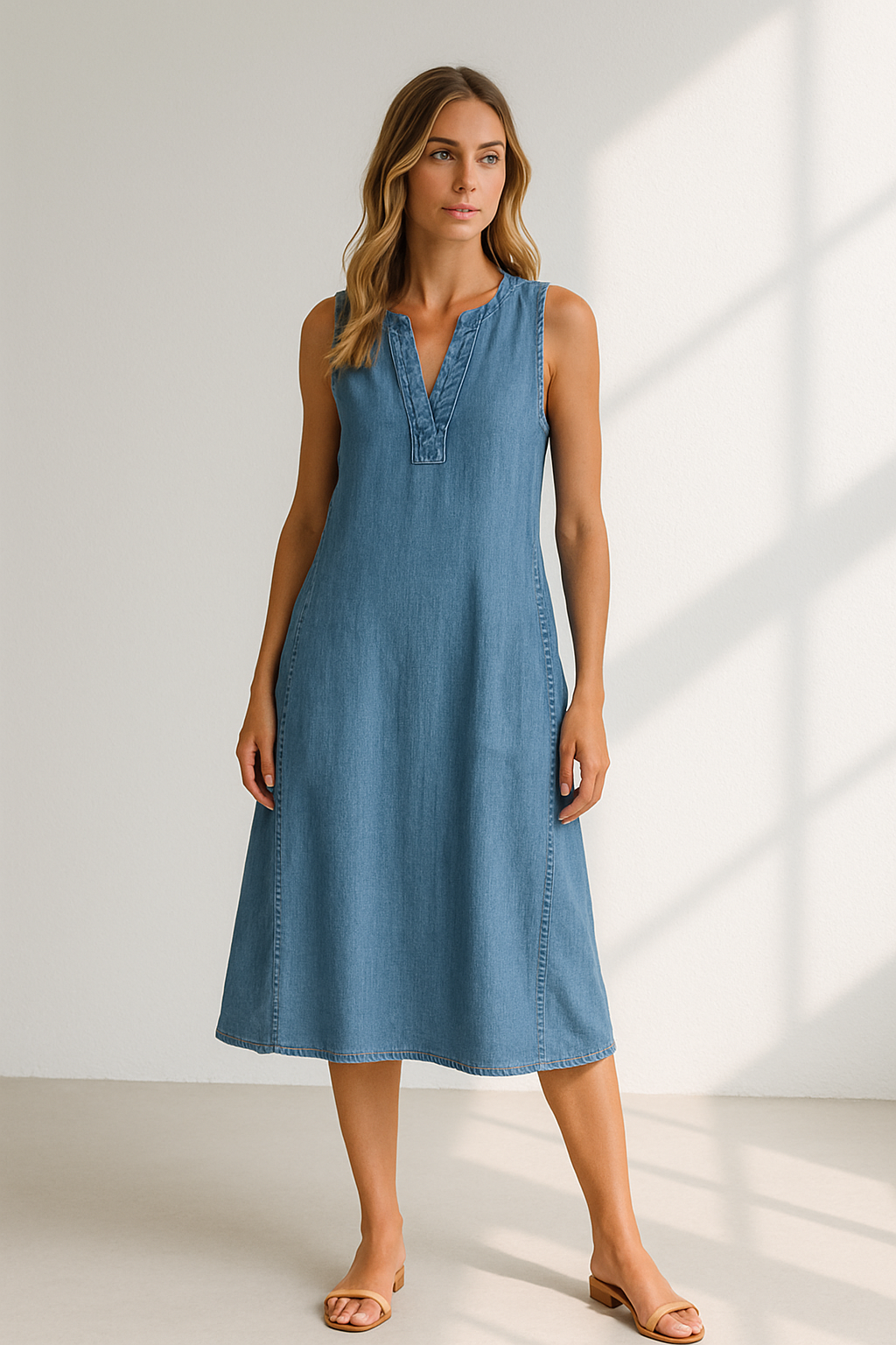 Damen A-Linien Kleid Mouwlos V-Hals Denimlook Sommerkleid 2