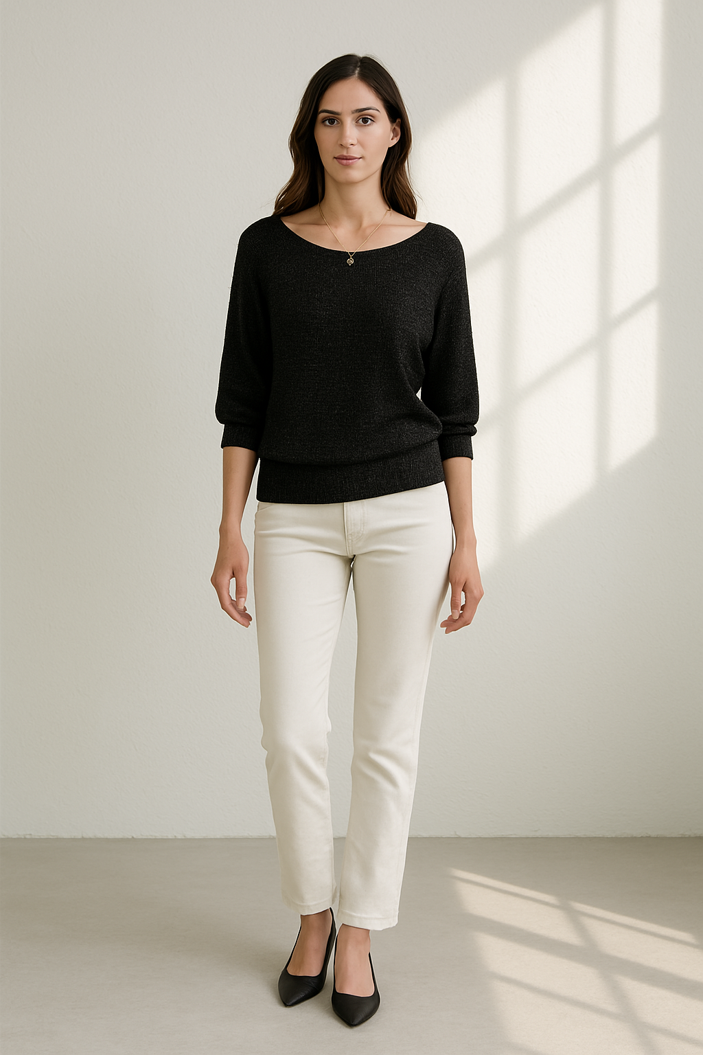 Damen Basic Pullover mit 3/4-Ärmeln und Rundhalsausschnitt 1