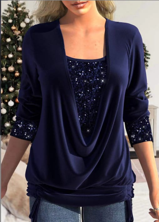 Damen Bluse mit Gedrapeierter Halslinie und Pailletten-Details 6