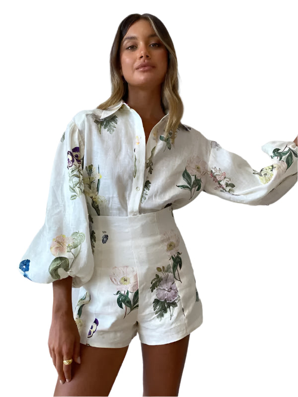Damen Bluse mit langen Ärmeln und hohe Taillen Shorts im floralen Design 0