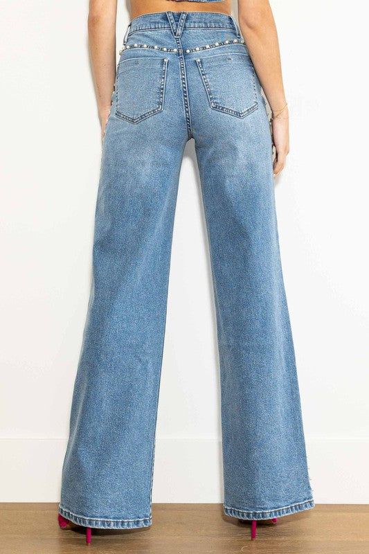 Damen High Rise Weite Jeans mit Perlenbesatz in Mittelstein 2