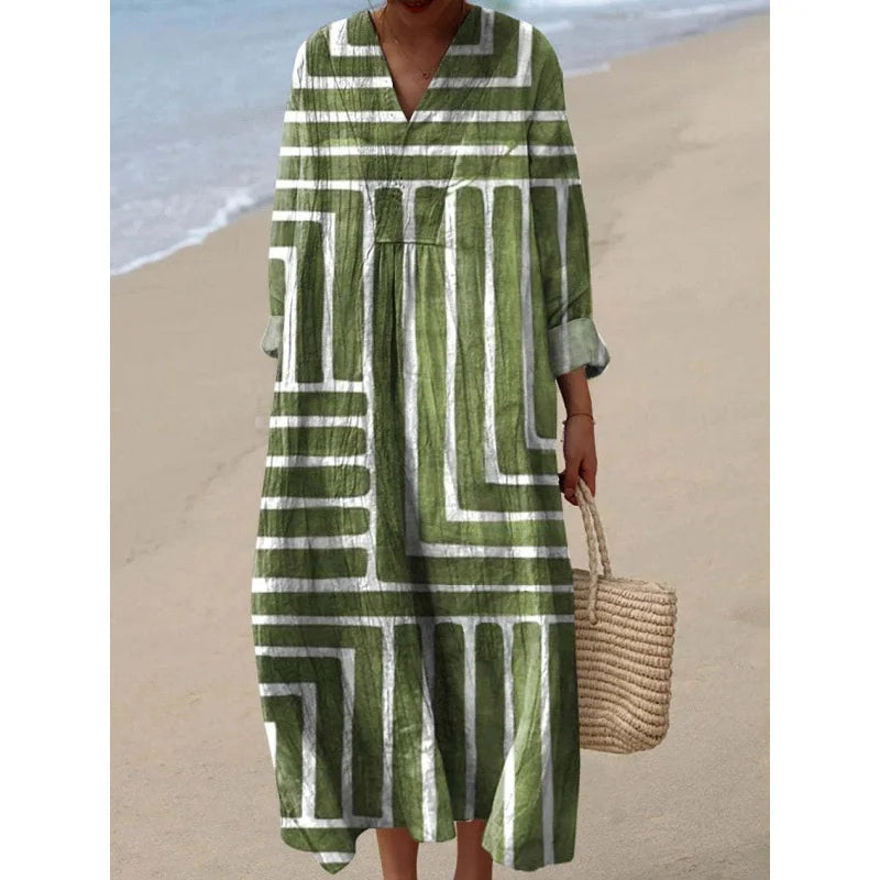 Damen Kleid V-Ausschnitt Langarm Farbblock Casual Hochwertiger Stoff 26