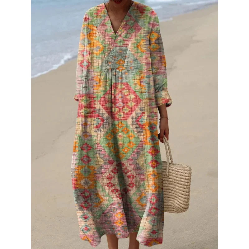 Damen Kleid V-Ausschnitt Langarm Farbblock Casual Hochwertiger Stoff 7