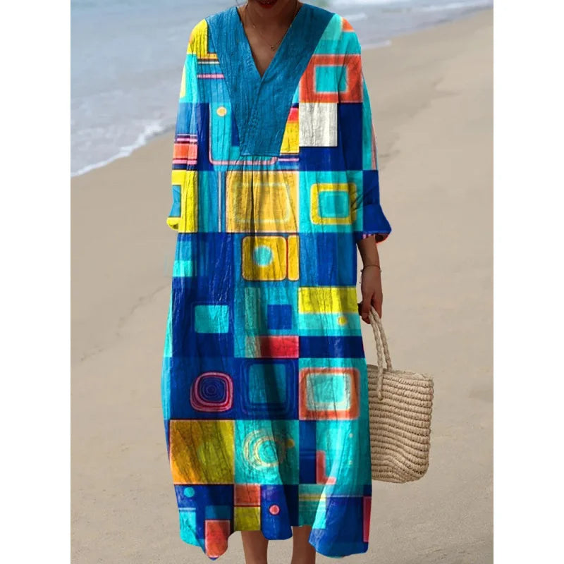 Damen Kleid V-Ausschnitt Langarm Farbblock Casual Hochwertiger Stoff 9