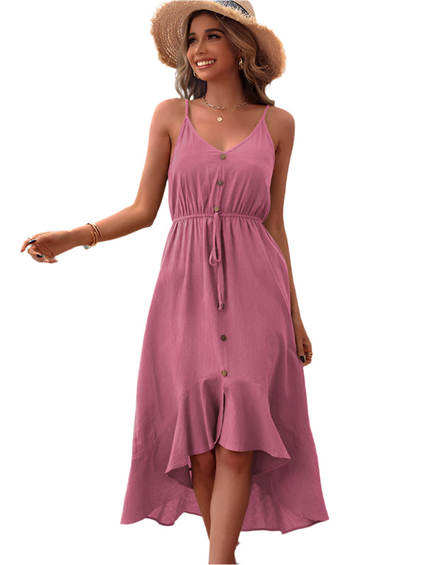 Damen Kleid mit Spaghettiträgern aus Baumwolle und Leinen in einfarbig 0