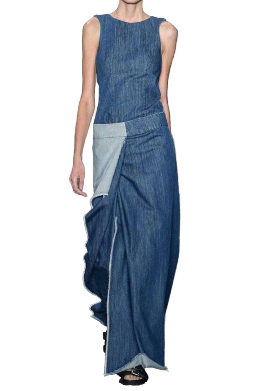 Damen Langes Jeanskleid Rüschen Ärmellos Casual 0