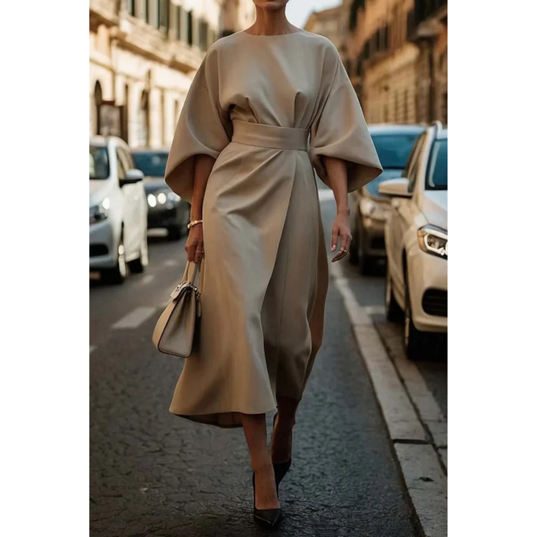 Damen Midi-Jurk mit Lantaarnmouwen und Taillengürtel 6