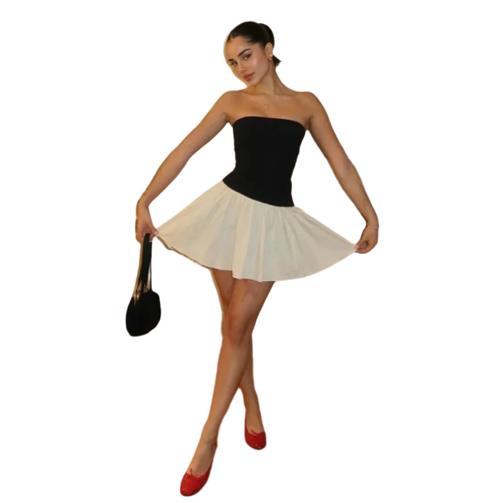 Damen Mini Kleid Strapless Zweifarbig Flared Hochwertiger Stoff 0