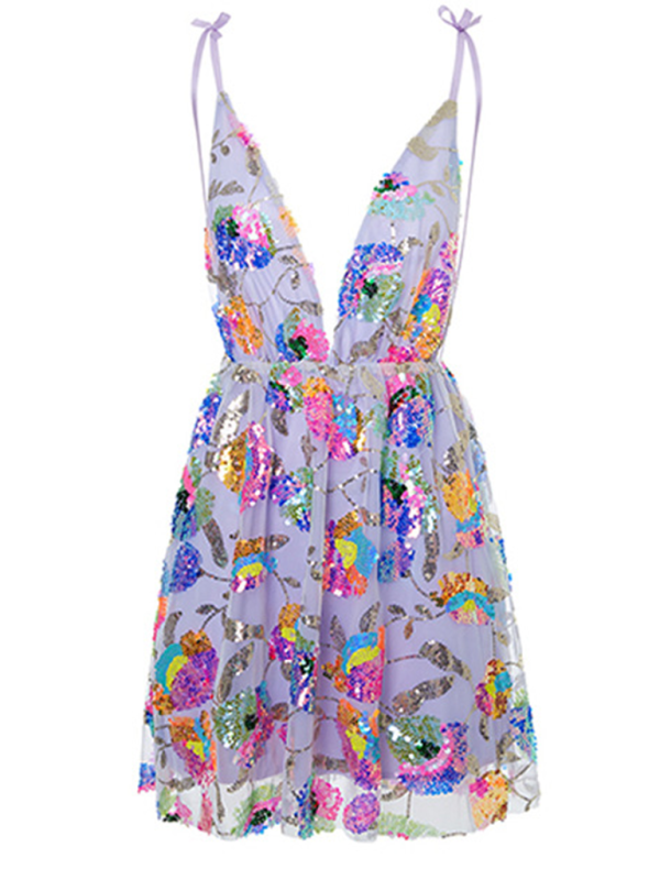 Damen Mini Kleid V-Ausschnitt Pailletten Floral 100% Polyester Sommerkleider 8