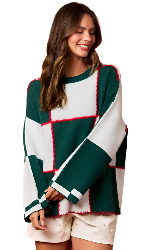 Damen Pullover mit Blockfarben und Steppstich in Grün und Weiß 0