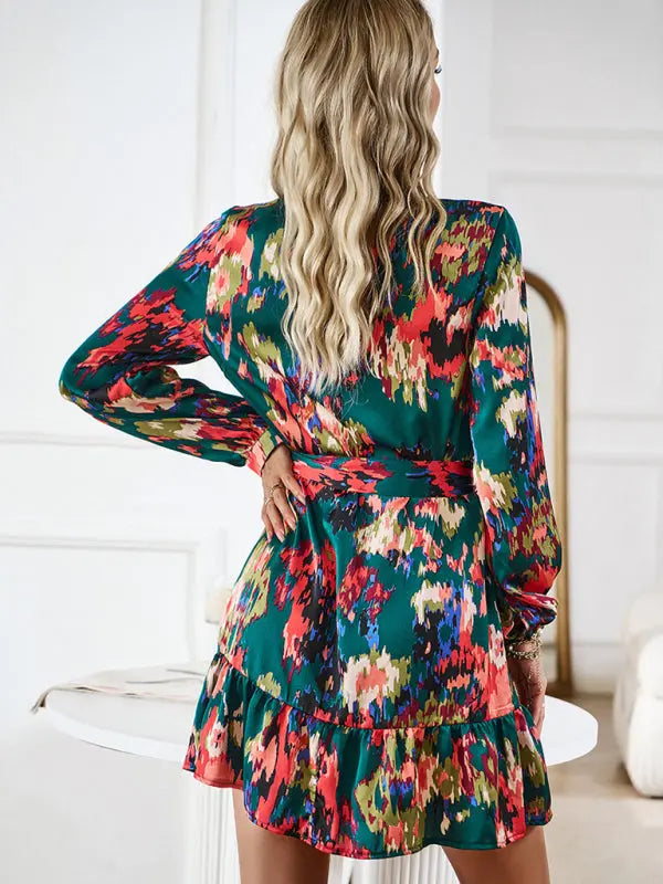 Damen V-Ausschnitt Druckkleid mit Gürtel 8