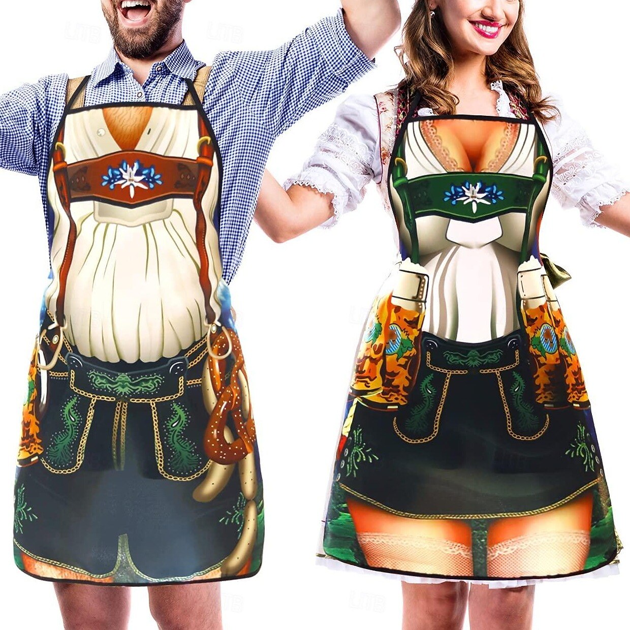 Paare Trachten-Schürzen Set Dirndl und Lederhosen Design Hochwertiger Stoff 3