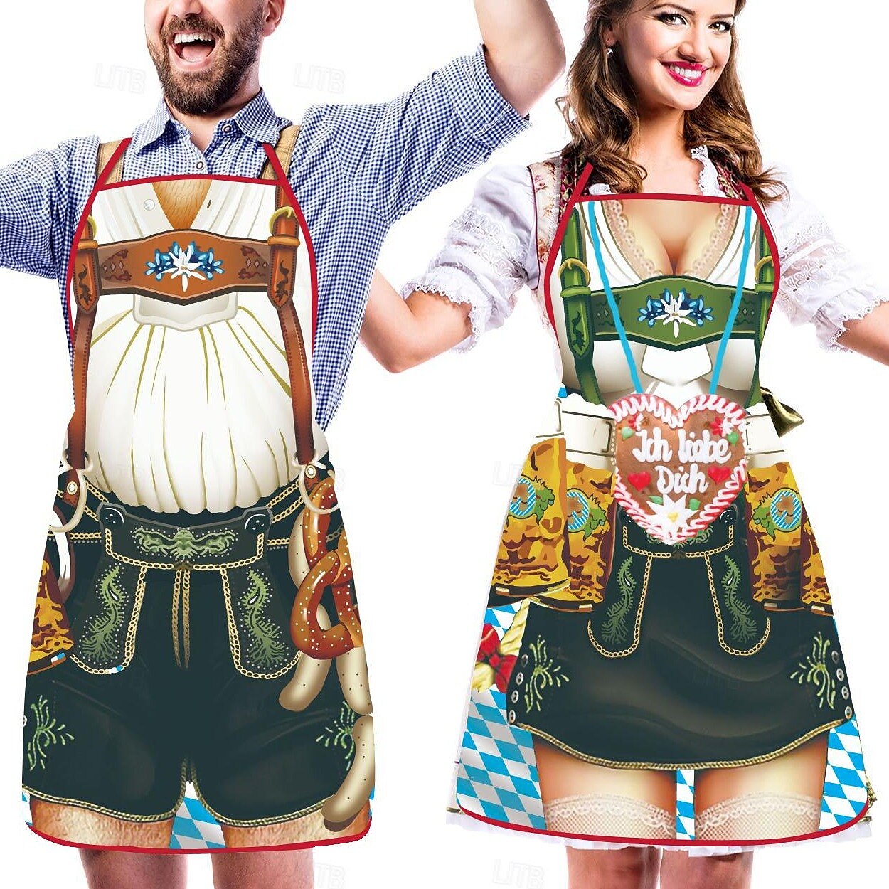 Paare Trachten-Schürzen Set Dirndl und Lederhosen Design Hochwertiger Stoff 6