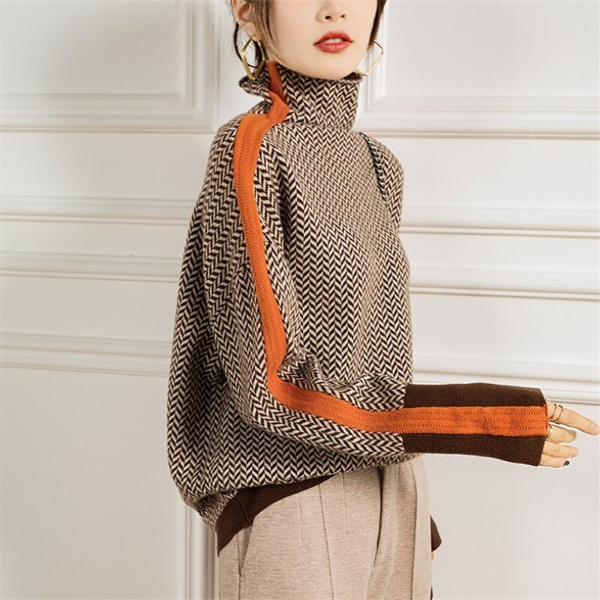 Damenpullover Gestreift Baumwolle Warm und Bequem für Winter 1