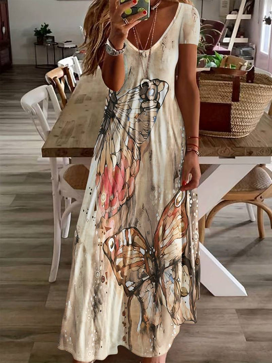 Variant image for Damen Kleid V-Ausschnitt Schmetterlingsdruck Leicht Polyester für Sommerveranstaltungen-17