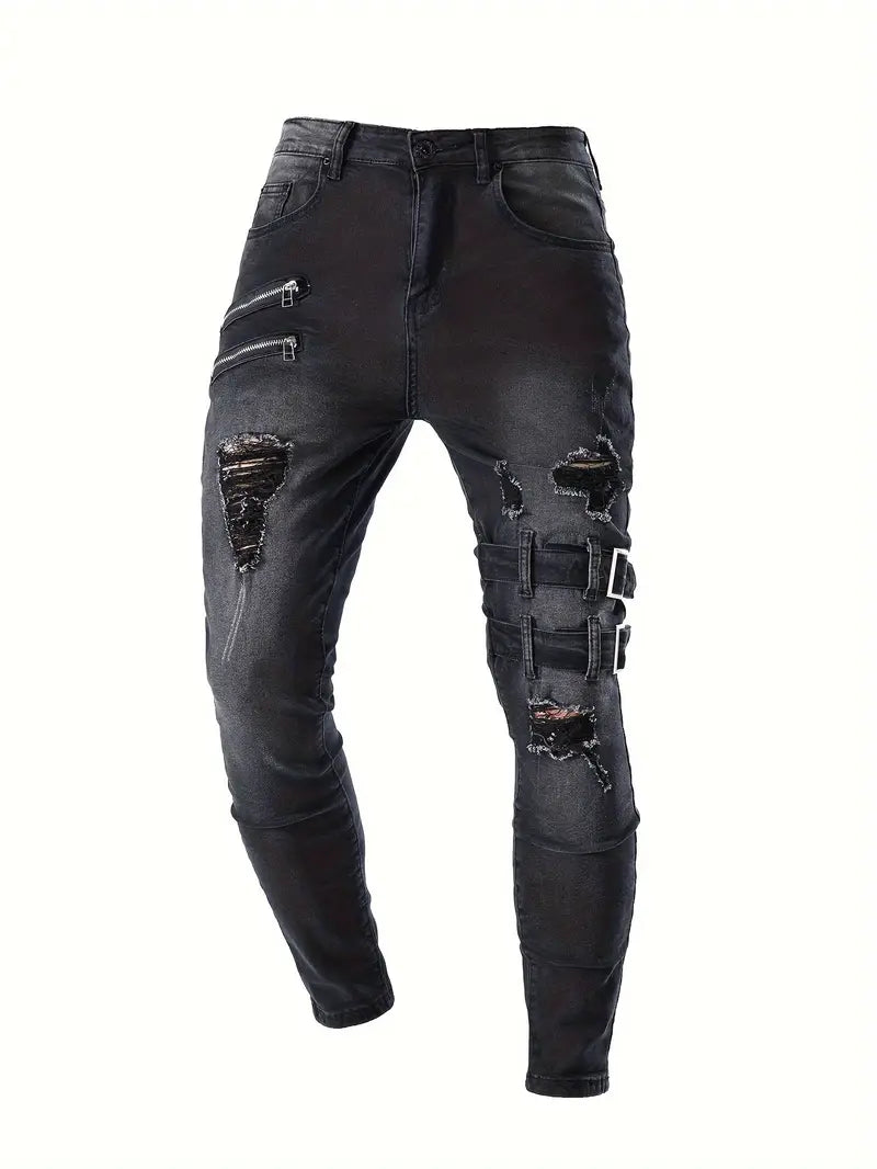 Herren Bikerjeans Lässig Gestepptes Denim mit Reißverschlüssen-3