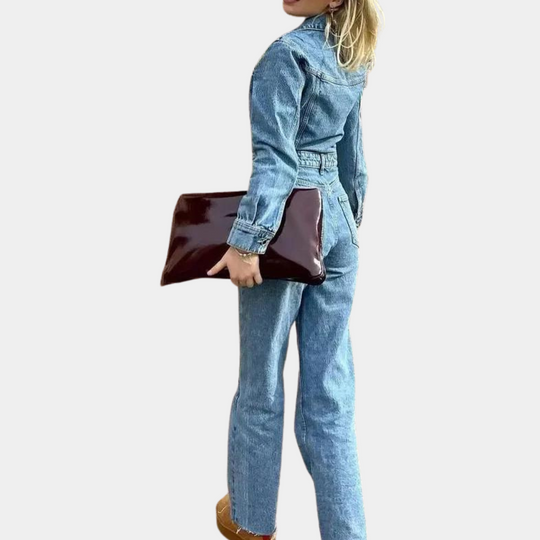 Damen Jumpsuit Bequeme Passform Langarm Denim Overall-3
