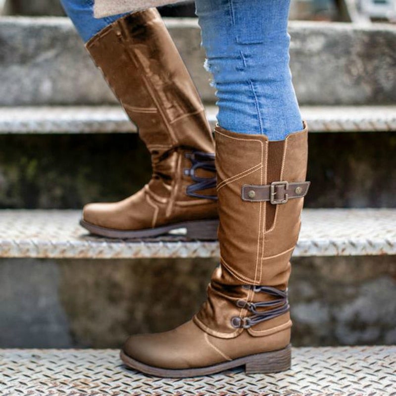 Damen Vintage Leder Zipper Stiefel