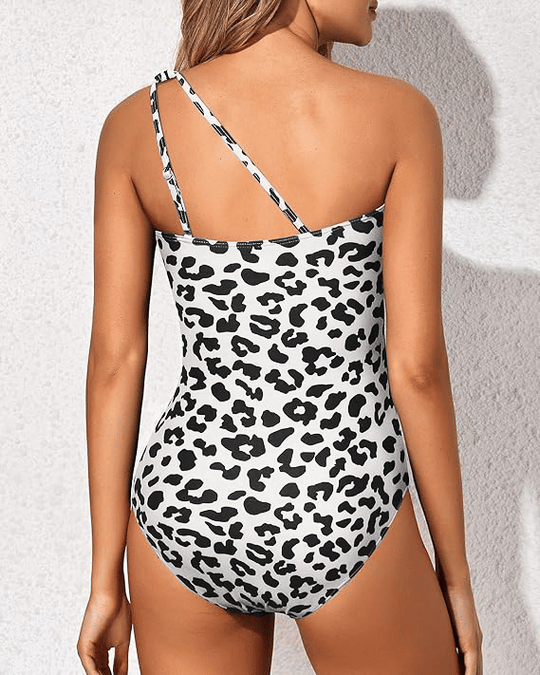 Damen Badeanzug Einteiler One-Shoulder Stil mit Geraffter Bauchpartie 1