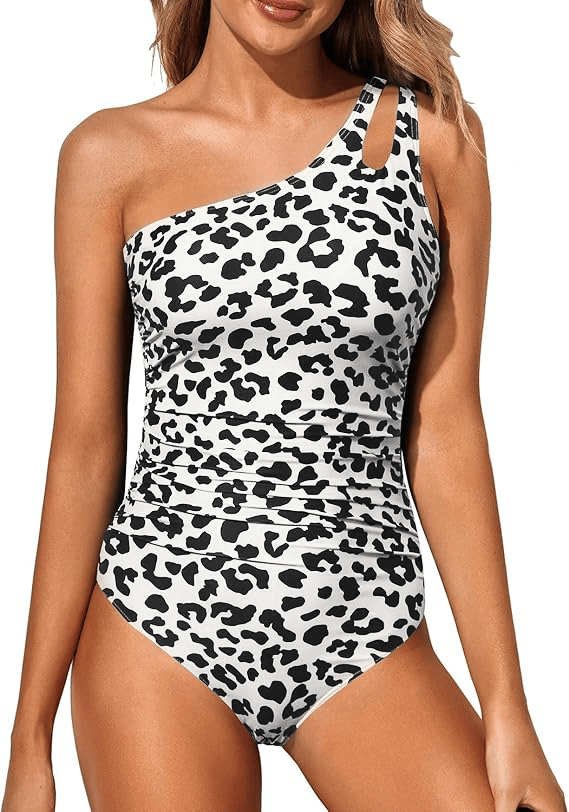 Damen Badeanzug Einteiler One-Shoulder Stil mit Geraffter Bauchpartie 4