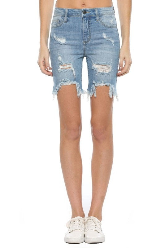 Damen Bermuda Shorts mit unregelmäßigem Saum aus Denim 0