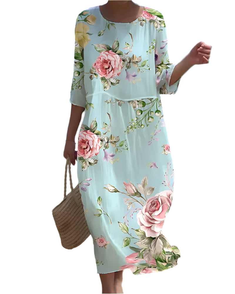 Damen Blumenmuster Kleid Elegante Baumwolle 0