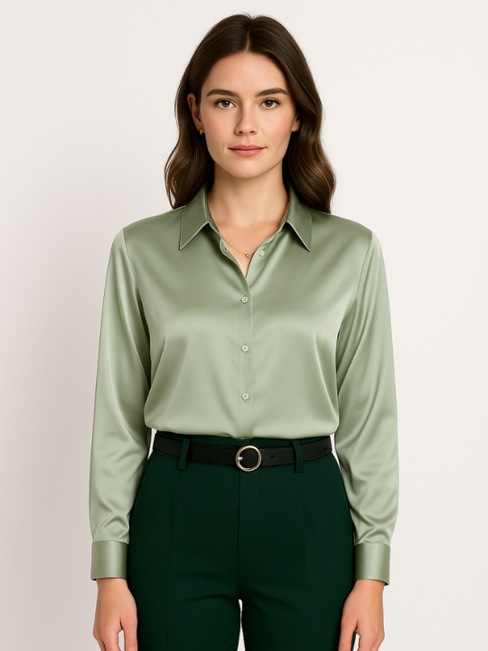 Damen Bluse Satin Knopfverschluss Elegant 11