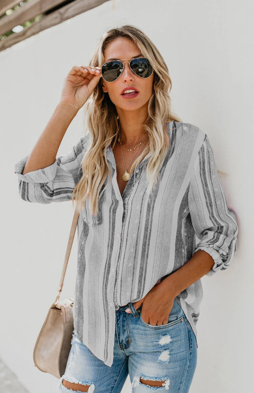 Damen Button-Up Oberteil Gestreift Leinen Mischung 3