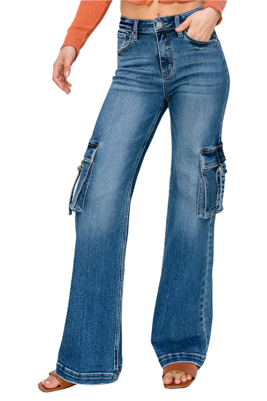 Damen Cargo Jeans mit hohem Bund und Seitentaschen 0