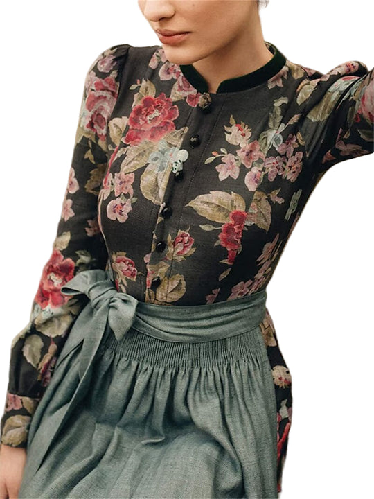 Damen Dirndlkleid Lang Vintage Blumenmuster mit Schürze aus Hochwertigem Stoff 0