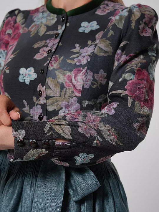 Damen Dirndlkleid Lang Vintage Blumenmuster mit Schürze aus Hochwertigem Stoff 3