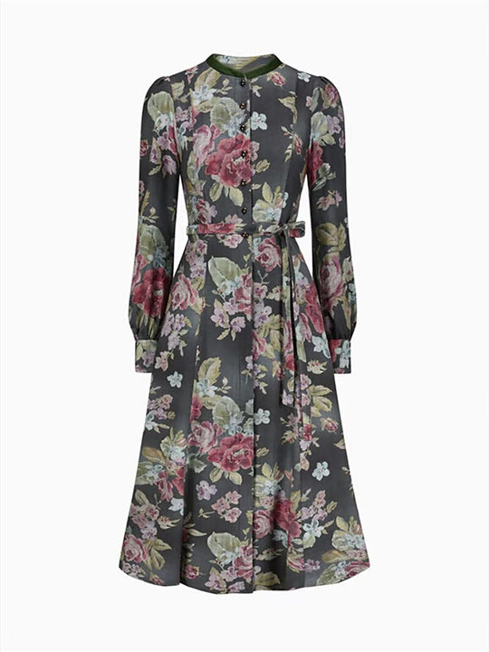 Damen Dirndlkleid Lang Vintage Blumenmuster mit Schürze aus Hochwertigem Stoff 5