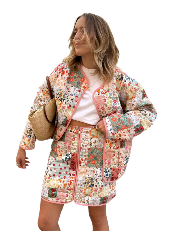 Damen Dünner Steppmantel Rundhalsausschnitt Floral Polyester 0