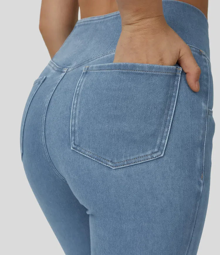 Damen Flared Pants Hochgeschnitten Elastisch Stoffhose 3