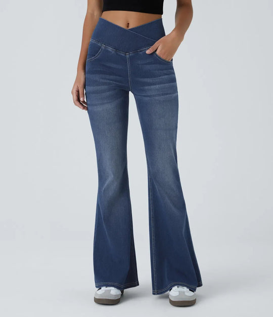 Damen Flared Pants Hochgeschnitten Elastisch Stoffhose 4