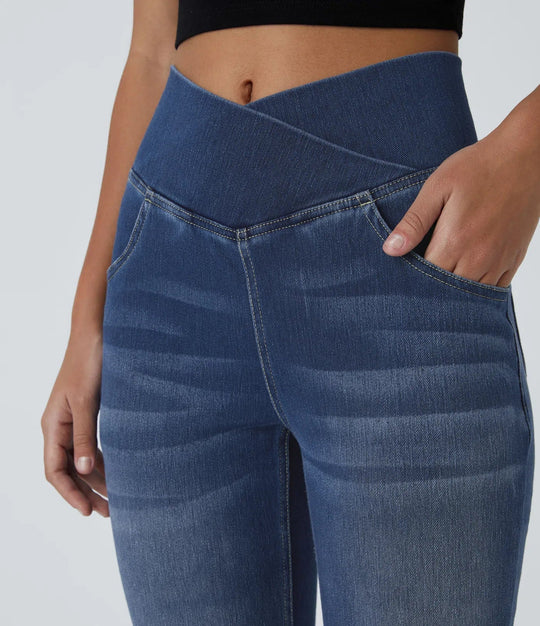Damen Flared Pants Hochgeschnitten Elastisch Stoffhose 8