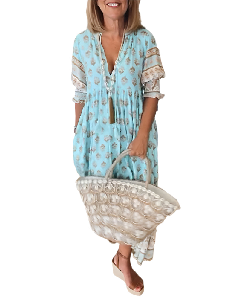 Damen Halbarm Kleid V-Ausschnitt Bedruckt aus Hochwertigem Stoff für Sommer und Freizeit 0