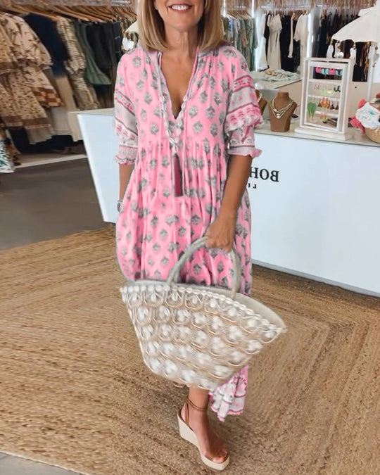 Damen Halbarm Kleid V-Ausschnitt Bedruckt aus Hochwertigem Stoff für Sommer und Freizeit 9