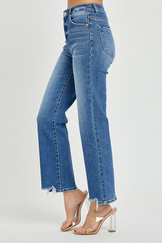 Damen High Rise Relaxed Straight Jeans Dunkelblau 3
