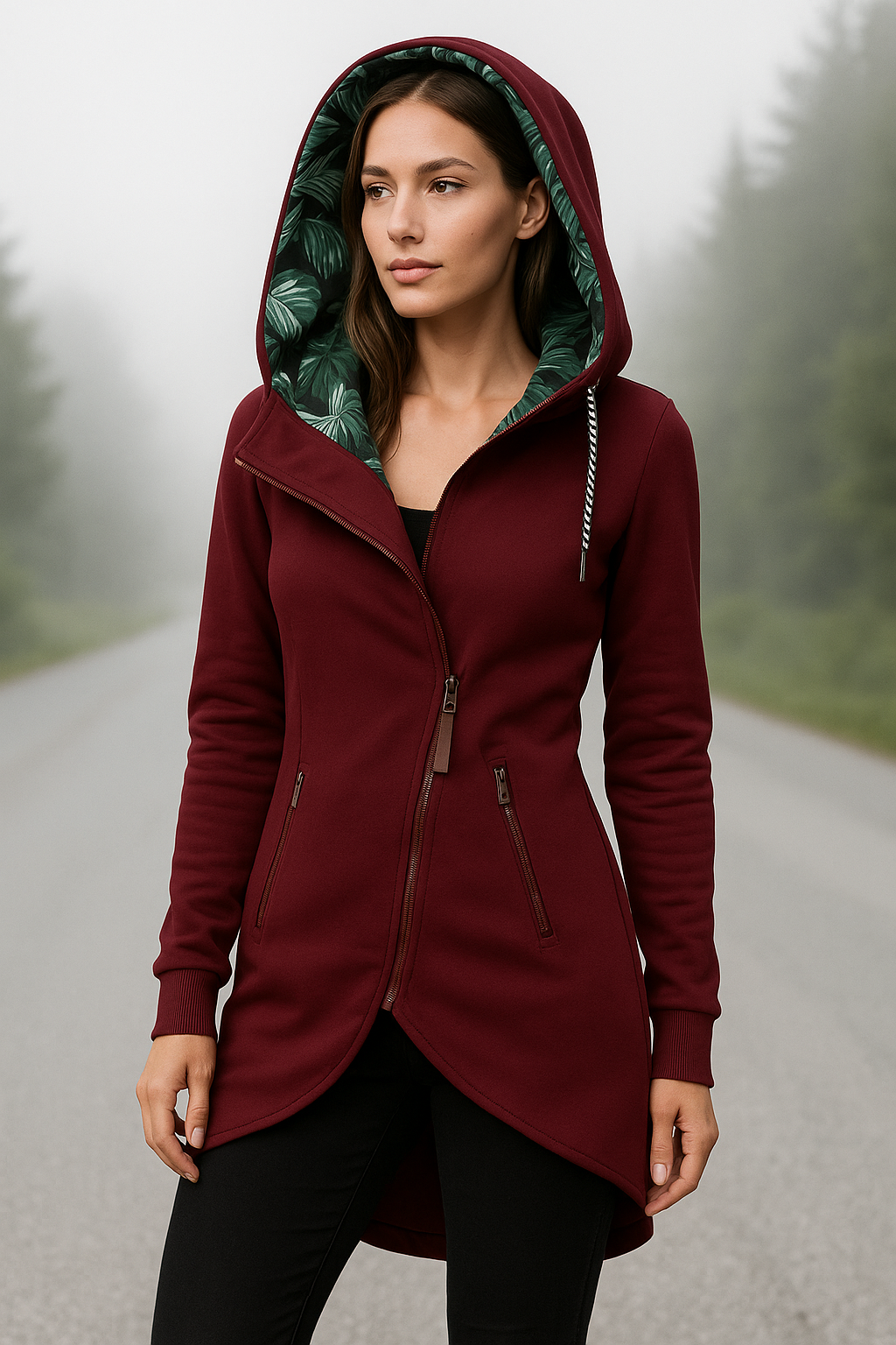 Damen Hoodie Wasserabweisend Tropenmuster Enganliegend 2