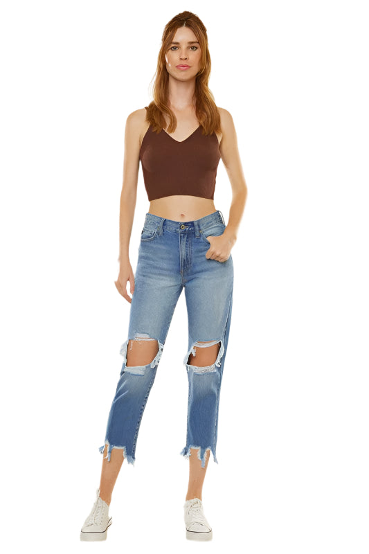 Damen Jeans Mom Fit Hohe Taille Robustes Denim Dunkel 0