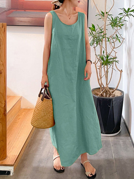 Damen Kleid Ärmellos Rundhals Lässig Baumwolle-Leinen-Mischung 3