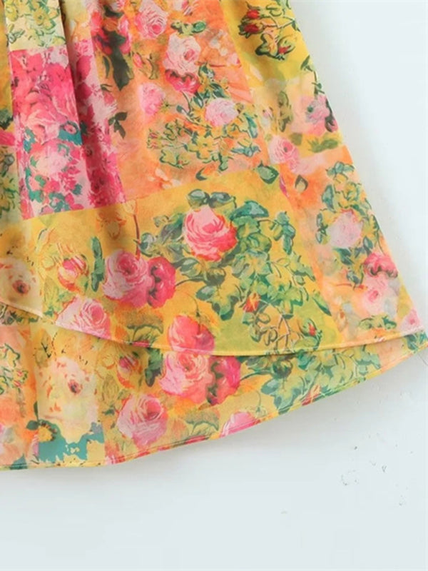 Damen Kleid Floral Muster Mit Schnürung Farbblock Design Polyester 2