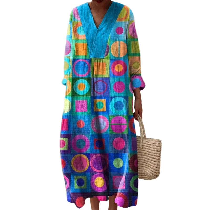 Damen Kleid V-Ausschnitt Langarm Farbblock Casual Hochwertiger Stoff 0