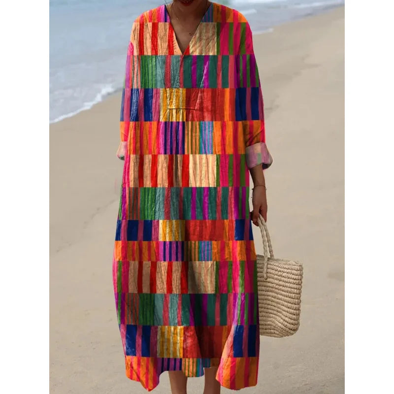 Damen Kleid V-Ausschnitt Langarm Farbblock Casual Hochwertiger Stoff 27