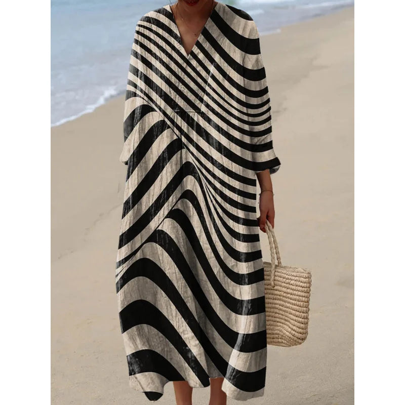 Damen Kleid V-Ausschnitt Langarm Farbblock Casual Hochwertiger Stoff 8