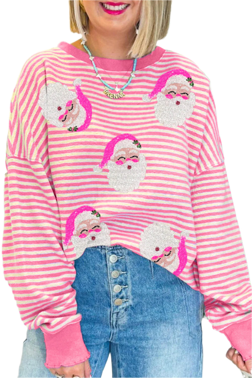 Damen Langarmshirt Santa Claus Druck Mit Pinken Streifen Polyester-Elastan-Mischung 0