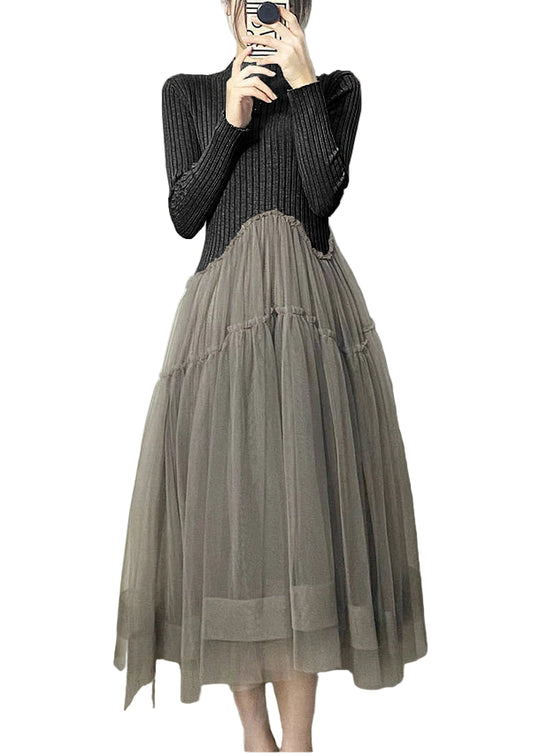 Damen Langkleid Asymmetrisch mit Tüll-Patchwork 0