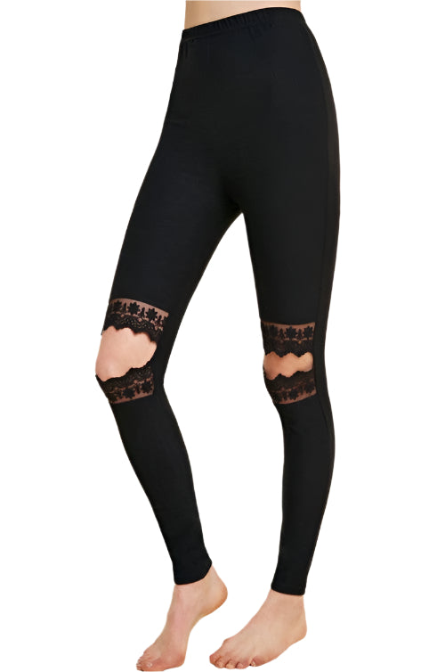 Damen Leggings mit Spitzen-Ausschnitten in Schwarz 0