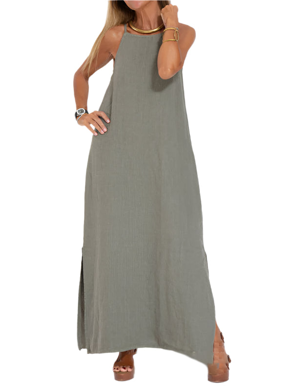 Damen Maxi Kleid Halter mit Seitenschlitz aus Baumwoll-Leinen-Mischung 0